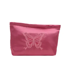 Pink satin tote bag with embroidered butterfly, elegant large capacity shoulder handbag