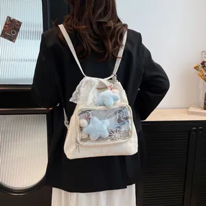 Japanese style cream canvas tote bag with transparent mesh pocket and lace bow