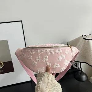Women Fashion 3D Floral Embossed Chest Bag Oxford Fabric Crossbody Waist Bag Casual Street Style Small Dumpling Shoulder Bag