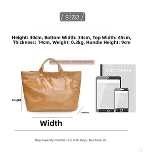Guida alle taglie borsa tote in PVC, 30x45x14cm con confronto foglio A4 e iPad