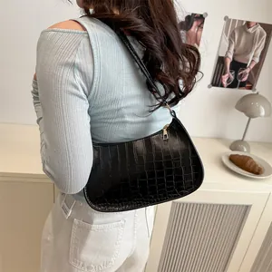 Fashionable black crocodile embossed shoulder bag with gold zipper for women's style