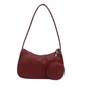 Retro burgundy woven shoulder bag with matching coin purse and adjustable strap