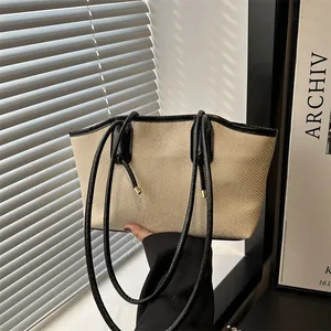 Women Fashion Woven Texture Large Capacity Tote Bag Minimalist PU Leather Trim Shoulder Bag Commuting Casual Handbag