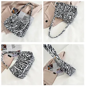 Detailed views of a zebra print shoulder bag with gold zipper and canvas texture