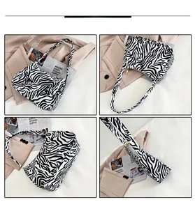 Detailed multi-angle views of zebra print shoulder bag with gold metal zipper closure