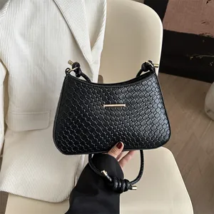 Women's Minimalist Woven Texture Underarm Bag PU Leather Retro Commuter Shoulder Bag With Knot Strap Gold Metal Decoration