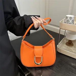 Women PU Leather Half Moon Underarm Bag Minimalist Solid Color Hobo Shoulder Bag With Gold Metal Buckle Zipper Closure Commuter Handbag