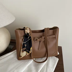 Women Large Capacity PU Leather Tote Bag Commuting Shoulder Bag With Satin Scarf Contrast Stitching Simple Fashion Handbag