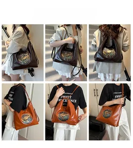 Collage of model wearing vintage tote bag in coffee and orange colors in various styles