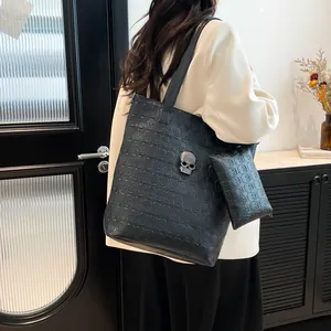 Women Skull Embossed PU Leather Tote Bag And Pouch Large Capacity Shoulder Bag With 3D Metal Skull Punk Style Handbag