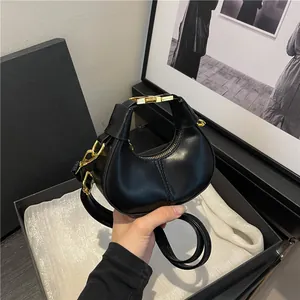 Women PU Leather Crescent Mini Handbag Minimalist Solid Color Gold Lock Shoulder Crossbody Bag Fashion Trendy Small Hobo Bag