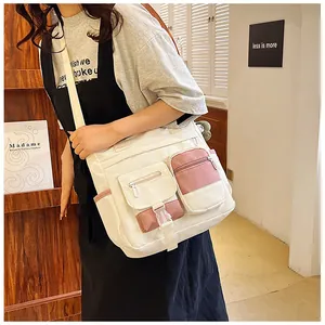 Detail view of large capacity canvas shoulder bag with multi-pocket storage structure