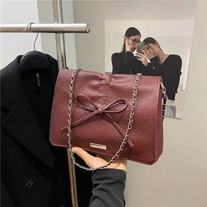 Korean Style Women PU Leather Bow Shoulder Bag Large Capacity Crossbody Bag With Chain Strap Minimalist Daily Bag