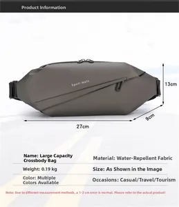 Detailed view of grey crossbody bag with 27x13x9cm dimensions and waterproof fabric