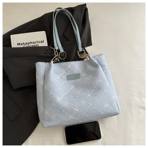 Detail of light blue embroidered tote bag with quilted texture and metal rings