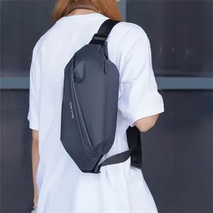 Close-up of waterproof dark grey sports chest bag with Sport male text detail