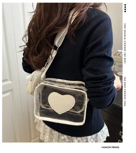 Detail of transparent PVC crossbody bag with white heart patch and round mini purse