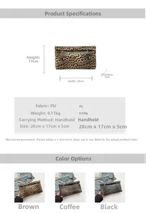 Detailed size specifications and three-color comparison of large leopard print clutch bags