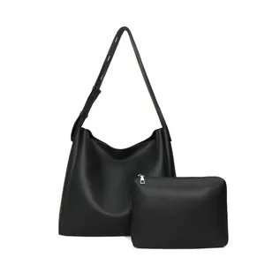 Minimalist black PU leather tote bag set with adjustable shoulder strap and inner pouch