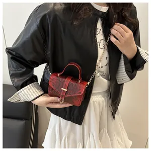 Close-up of red snakeskin mini bag with golden chain strap and decorative buckle