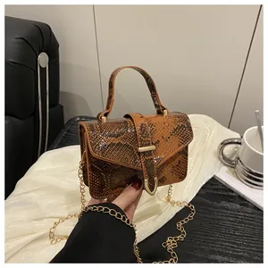 Detail of vintage brown snakeskin handbag with gold chain strap and rigid top handle