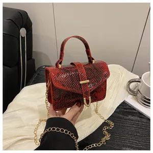 Detail of red snake pattern mini bag with gold chain strap and metallic clasp closure