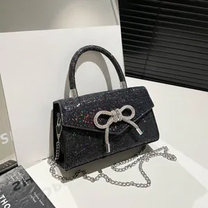 Bow Tie Rhinestone Glitter Handbag For Women Sequin Flap Small Square Bag With Metal Chain Strap Luxury Party Banquet Crossbody Bag