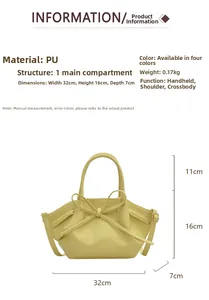 Detailed size specifications and material chart for PU leather bow bucket handbag