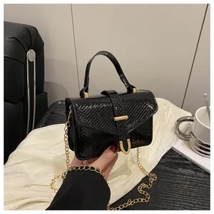 Detail of black snake pattern mini bag with gold chain strap and metal buckle