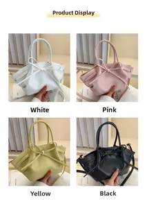 Collage of four stylish bow handbags in white, pink, yellow, and black colors