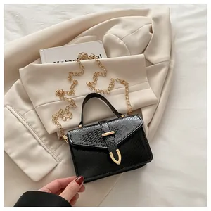 Detail of black snakeskin texture handbag with gold U-shaped buckle and metal chain strap