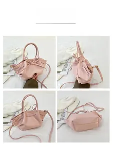 Pink pleated handbag with bow detail shown in front side back and bottom views