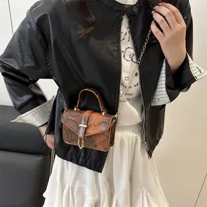 Retro brown snake print mini handbag with gold chain strap and buckle for women