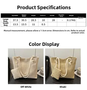 Tabla de tallas de bolso tote tejido y mini neceser con dimensiones y materiales