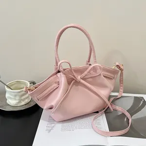 Women Fashion Bow Pleated PU Leather Handbag Sweet Solid Color Shoulder Crossbody Bag For Daily Commuting Office Dating