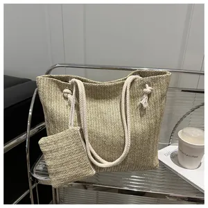 Stro tote bag set met visgraatweving textuur en zachte katoenen touwhandvatten