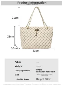 Tabla de tallas detallada para el bolso tote de PU con medidas 33x21x10cm y formas de uso
