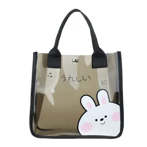 Borsa tote in PVC marrone trasparente con stampa di coniglio e manici neri in nastro