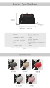 Detail showing dimensions of sequined evening clutch bag with pearl handle and chain