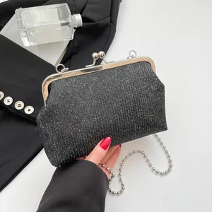 Elegant Sequined Evening Clutch Bag For Women Glitter Metal Frame Kiss Lock Handbag With Detachable Artificial Pearl Bead Chain Strap