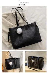 Détail du cabas noir en similicuir avec motifs gaufrés et porte-clés en peluche blanche