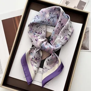 Women Korean Sweet Abstract Floral Print Satin Square Scarf 70cm Silk Like Splicing Neck Scarf Hair Band Fashion Accessory