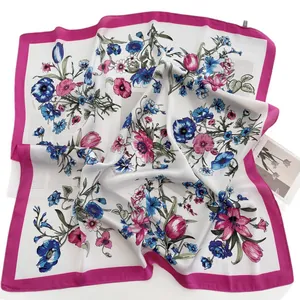 Floral print satin silk square scarf with vibrant blue pink flowers and pink border