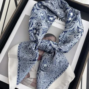 Vintage Paisley Print Satin Square Scarf For Women Navy Blue White Silk Like Neck Head Hair Scarf Wrap Fashion Accessory