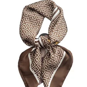 Elegant silk scarf with brown geometric pattern and smooth satin finish for women