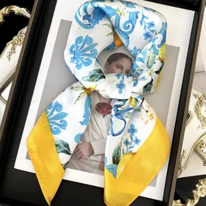 Mediterranean Style Lemon Print Satin Square Scarf Women Sicilian Majolica Floral Silk Texture Head Neck Scarf Shawl