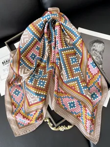 Macro detail of silk scarf featuring complex geometric pixel patterns and smooth fabric texture