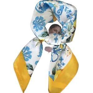 Italian Majolica style silk square scarf with blue floral prints and yellow borders
