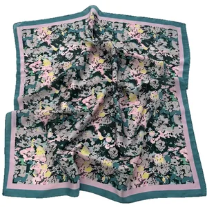 Colorful floral square silk scarf with multi-color splicing border on white background