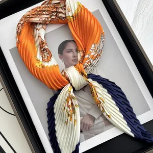 Vintage Pleated Square Scarf For Women Baroque Carriage Print Satin Neckerchief Color Block French Style Elegant Wrap Scarf